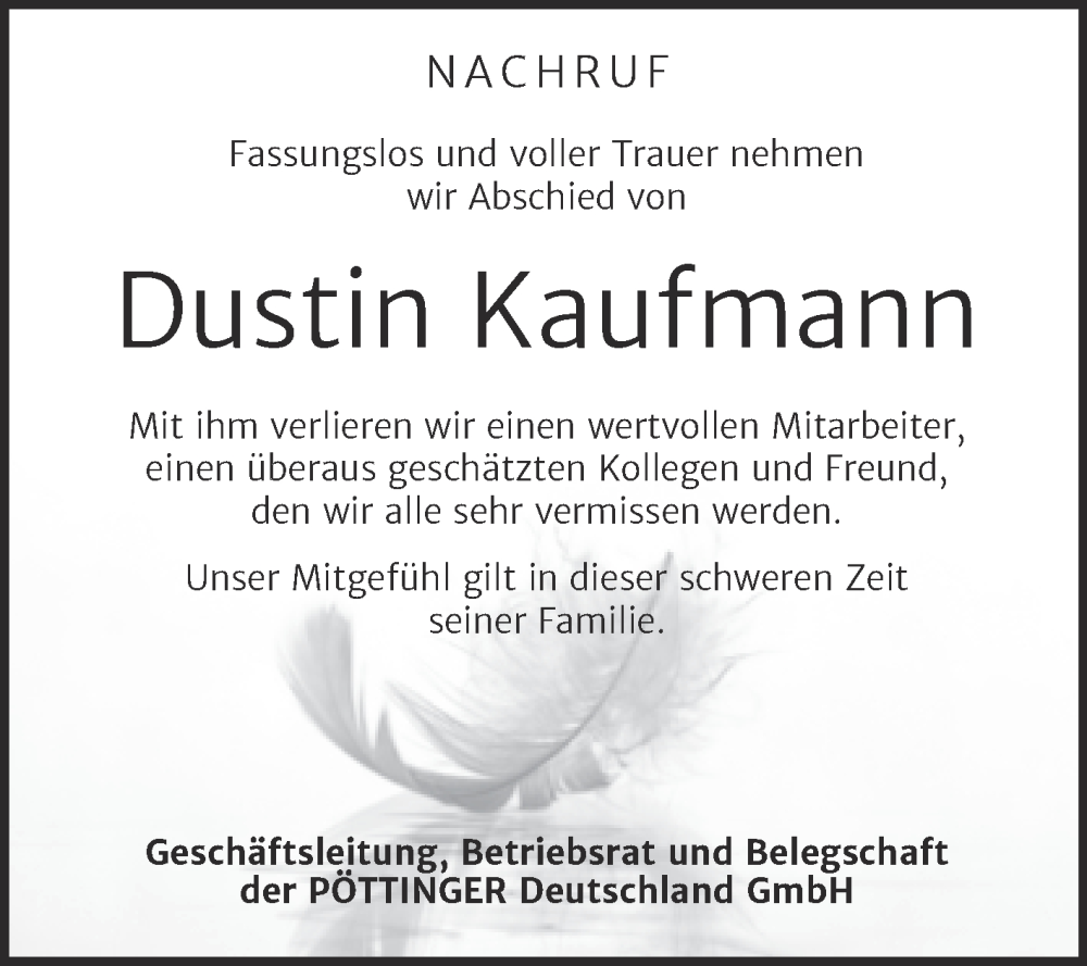  Traueranzeige für Dustin Kaufmann vom 21.05.2022 aus Super Sonntag Bernburg