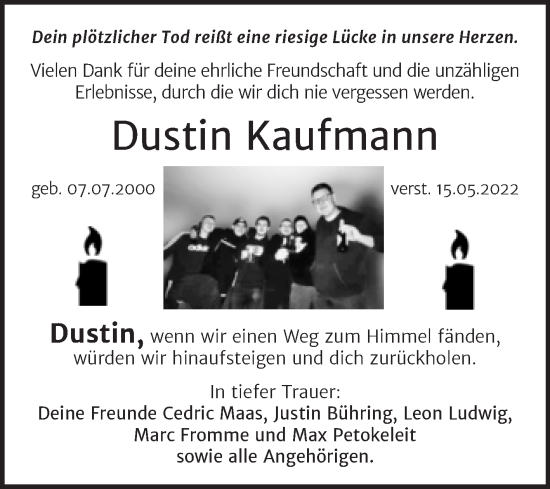 Traueranzeige von Dustin Kaufmann von Trauerkombi Bernburg