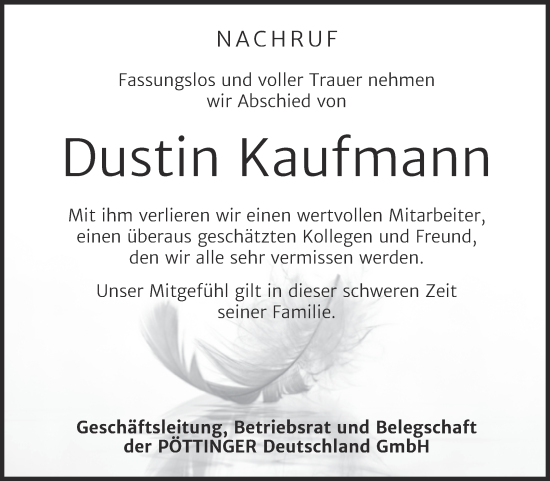 Traueranzeige von Dustin Kaufmann von Mitteldeutsche Zeitung Bernburg
