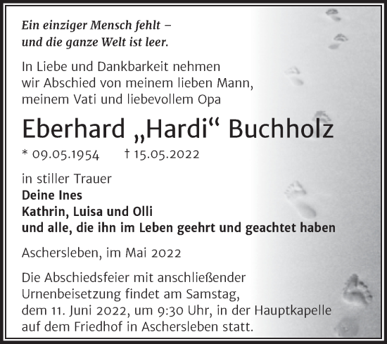 Traueranzeige von Eberhard Buchholz von Trauerkombi Aschersleben