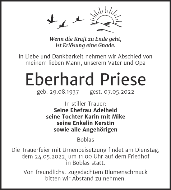Traueranzeige von Eberhard Priese von Wochenspiegel Naumburg/Nebra