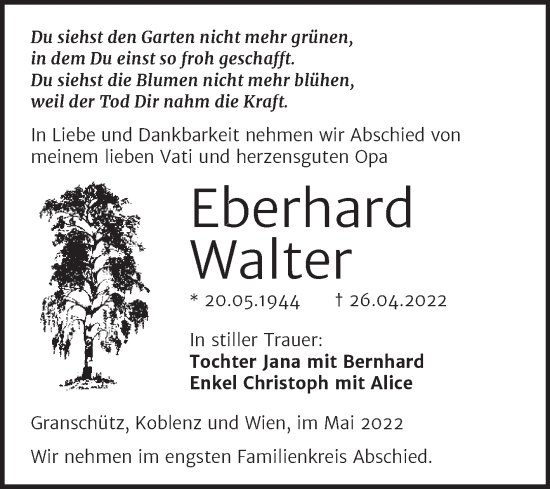 Traueranzeige von Eberhard Walter von Trauerkombi Weißenfels