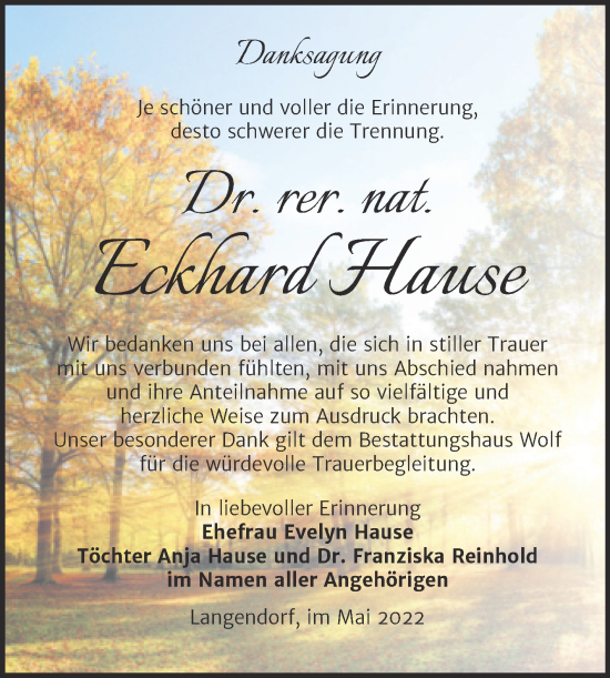 Traueranzeige von Eckhard Hause von Trauerkombi Weißenfels