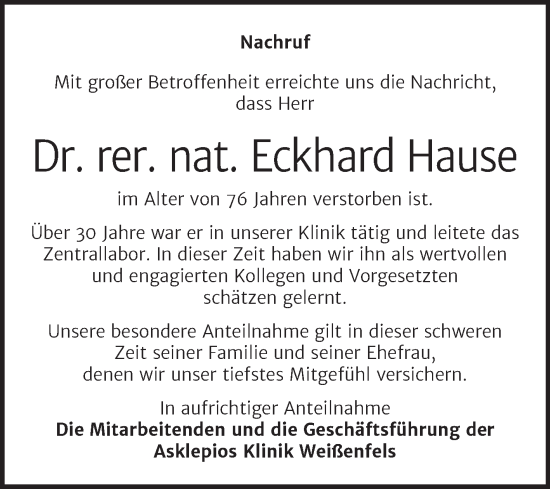 Traueranzeige von Eckhard Hause von Mitteldeutsche Zeitung Weißenfels