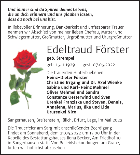 Traueranzeige von Edeltraud Förster von Trauerkombi Sangerhausen