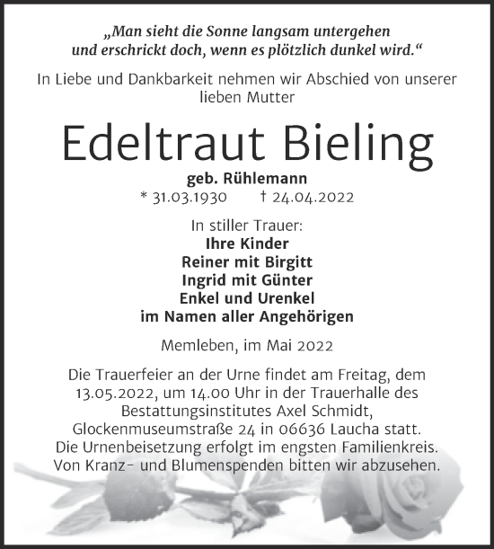 Traueranzeige von Edeltraut Bieling von Wochenspiegel Naumburg/Nebra