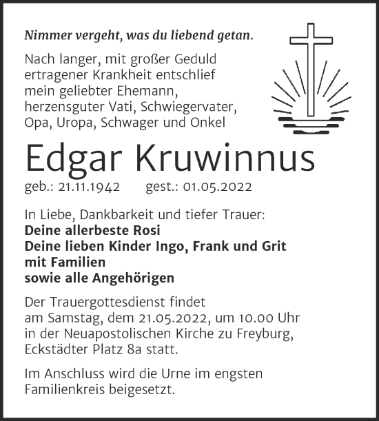 Traueranzeige von Edgar Kruwinnus von Wochenspiegel Naumburg/Nebra
