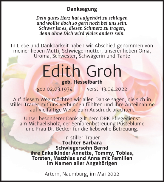 Traueranzeige von Edith Groh von Wochenspiegel Naumburg/Nebra
