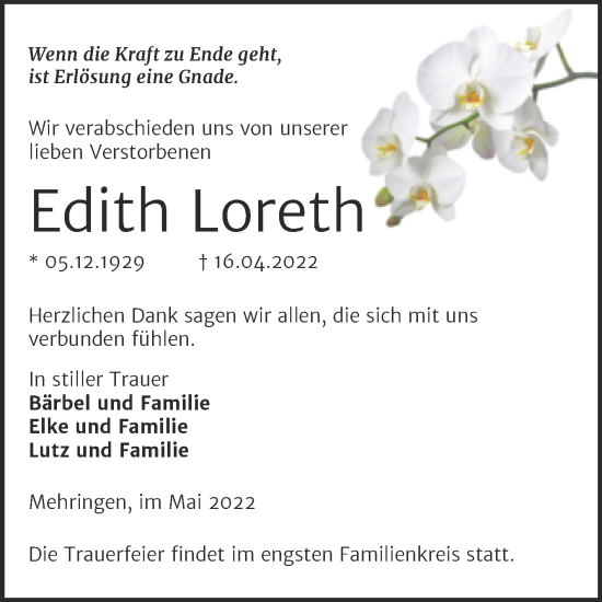 Traueranzeige von Edith Loreth von Trauerkombi Aschersleben