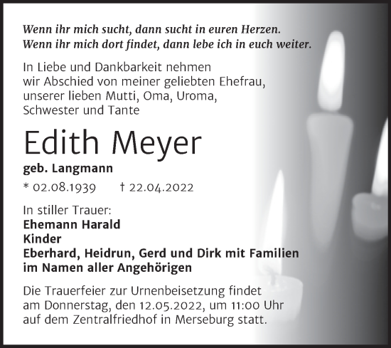 Traueranzeige von Edith Meyer von Trauerkombi Merseburg
