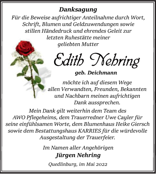 Traueranzeige von Edith Nehring von Trauerkombi Quedlinburg
