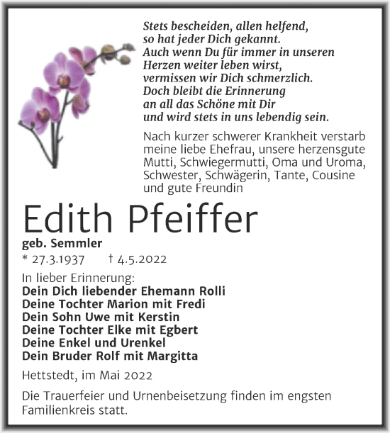 Traueranzeige von Edith Pfeiffer von Trauerkombi Mansfelder Land
