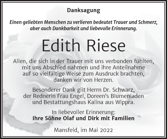 Traueranzeige von Edith Riese von Trauerkombi Mansfelder Land