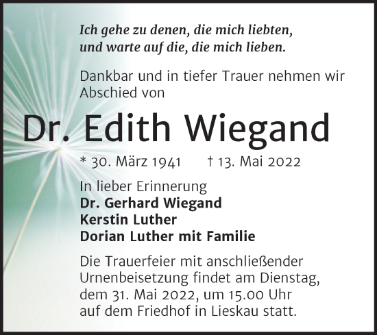 Traueranzeige von Edith Wiegand von Mitteldeutsche Zeitung Halle/Saalkreis