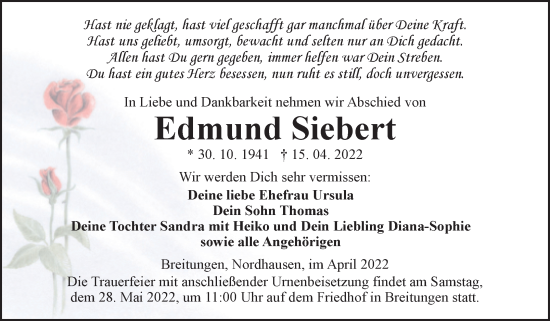Traueranzeige von Edmund Siebert von Trauerkombi Sangerhausen