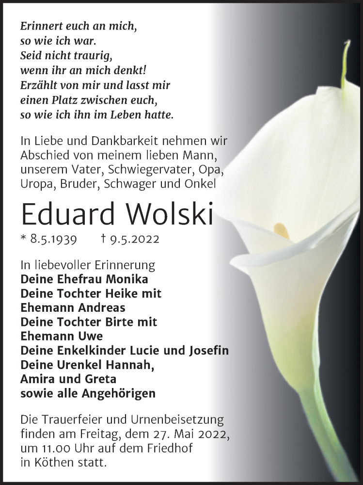  Traueranzeige für Eduard Wolski vom 14.05.2022 aus Trauerkombi Köthen