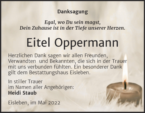 Traueranzeige von Eitel Oppermann von Trauerkombi Mansfelder Land