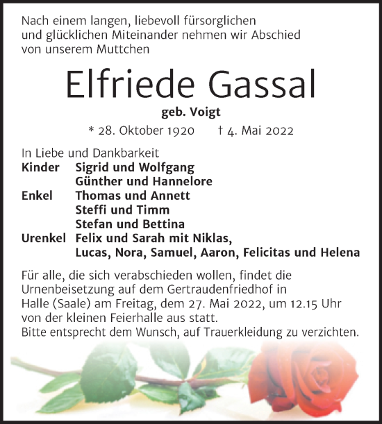 Traueranzeige von Elfriede Gassal von Mitteldeutsche Zeitung Halle/Saalkreis