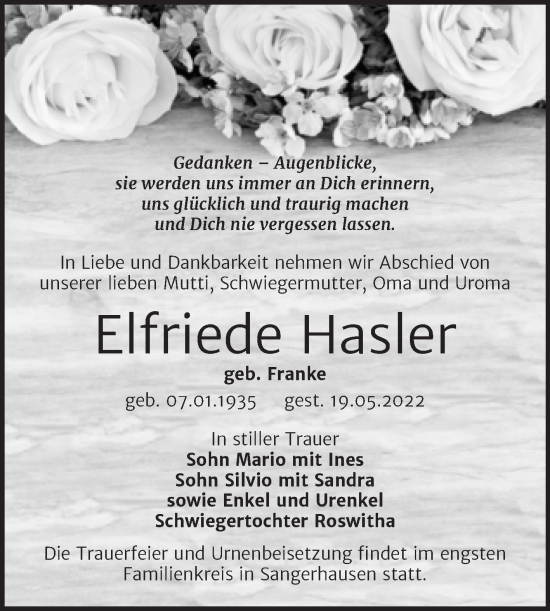 Traueranzeige von Elfriede Hasler von Trauerkombi Sangerhausen
