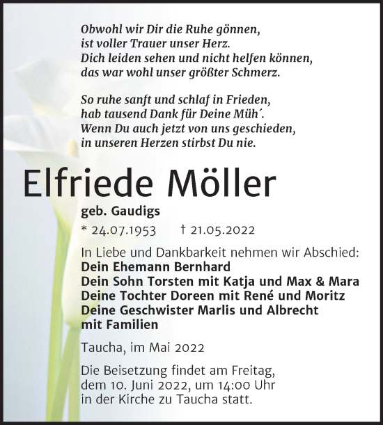 Traueranzeige von Elfriede Möller von Trauerkombi Weißenfels