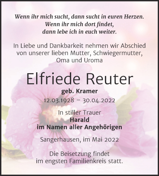 Traueranzeige von Elfriede Reuter von Mitteldeutsche Zeitung Sangerhausen