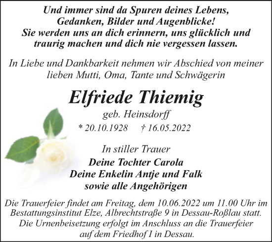 Traueranzeige von Elfriede Thiemig von Trauerkombi Dessau