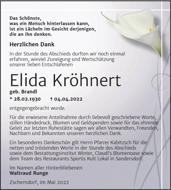 Traueranzeige von Elida Kröhnert von Trauerkombi Bitterfeld