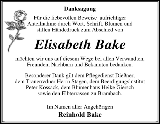 Traueranzeige von Elisabeth Bake von Trauerkombi Dessau