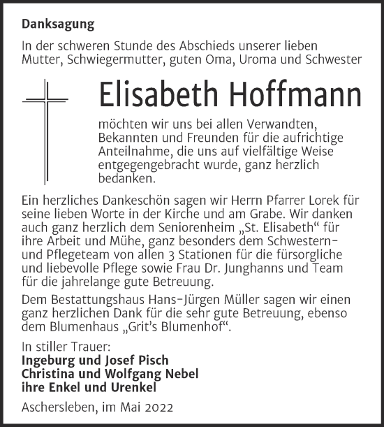 Traueranzeige von Elisabeth Hoffmann von Trauerkombi Aschersleben
