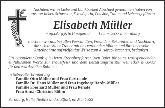 Traueranzeige von Elisabeth Müller von Trauerkombi Bernburg