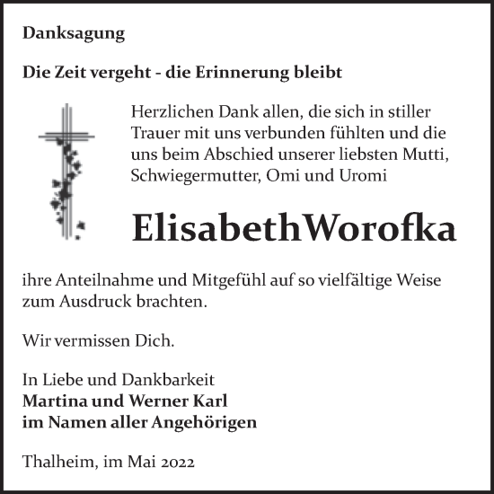 Traueranzeige von Elisabeth Worofka von Trauerkombi Bitterfeld