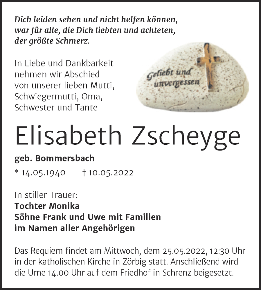  Traueranzeige für Elisabeth Zscheyge vom 18.05.2022 aus Trauerkombi Bitterfeld