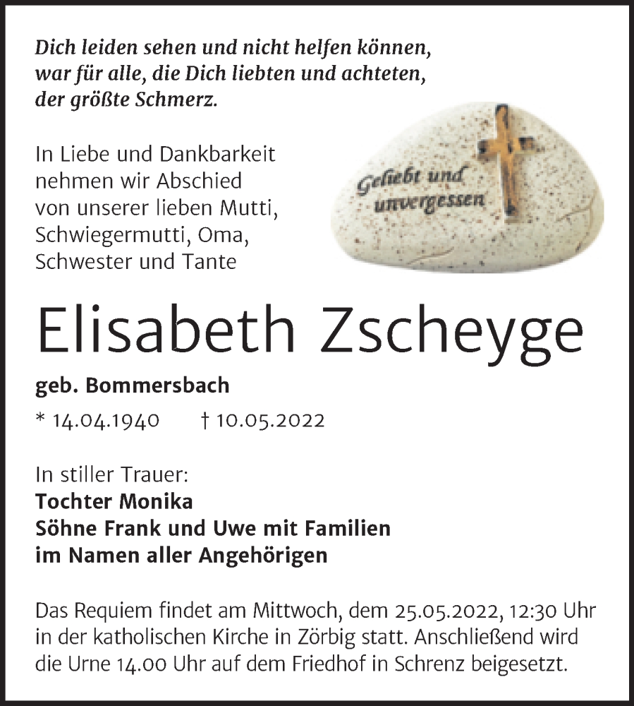  Traueranzeige für Elisabeth Zscheyge vom 14.05.2022 aus Trauerkombi Bitterfeld
