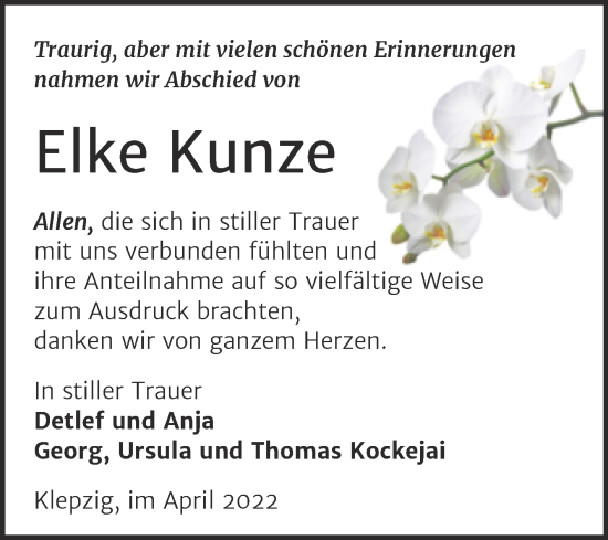 Traueranzeige von Elke Kunze von Trauerkombi Köthen