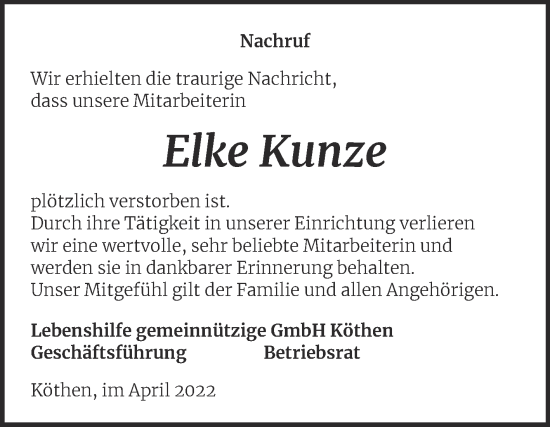 Traueranzeige von Elke Kunze von Mitteldeutsche Zeitung Köthen