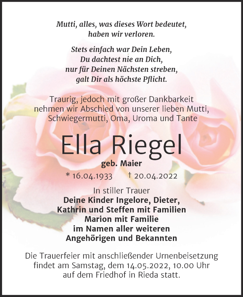  Traueranzeige für Ella Riegel vom 04.05.2022 aus Trauerkombi Bitterfeld