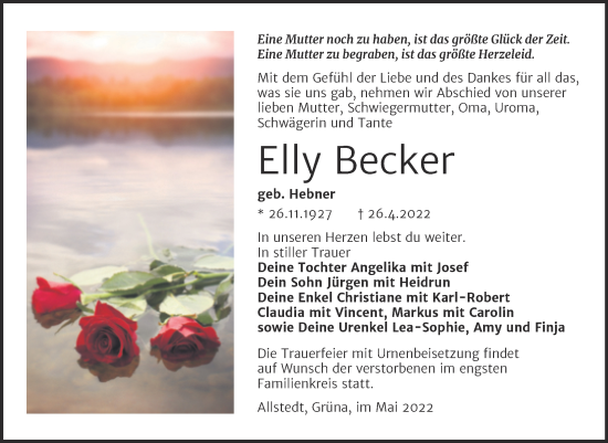 Traueranzeige von Elly Becker von Trauerkombi Sangerhausen