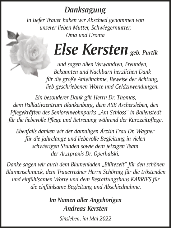 Traueranzeige von Else Kersten von Trauerkombi Quedlinburg