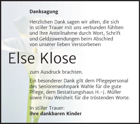 Traueranzeige von Else Klose von Trauerkombi Quedlinburg