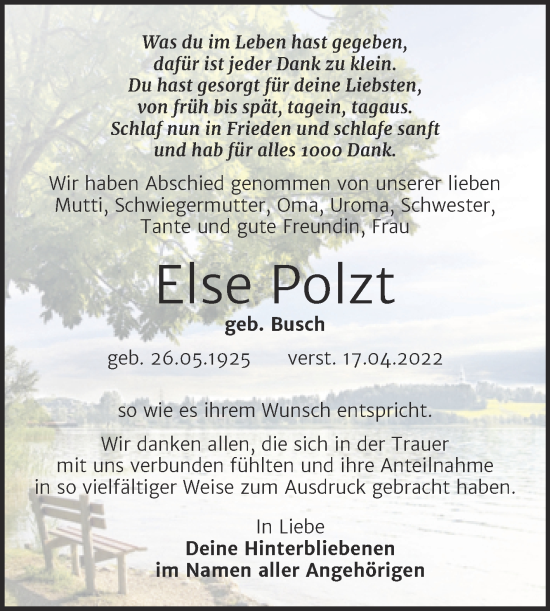 Traueranzeige von Else Polzt von Trauerkombi Weißenfels