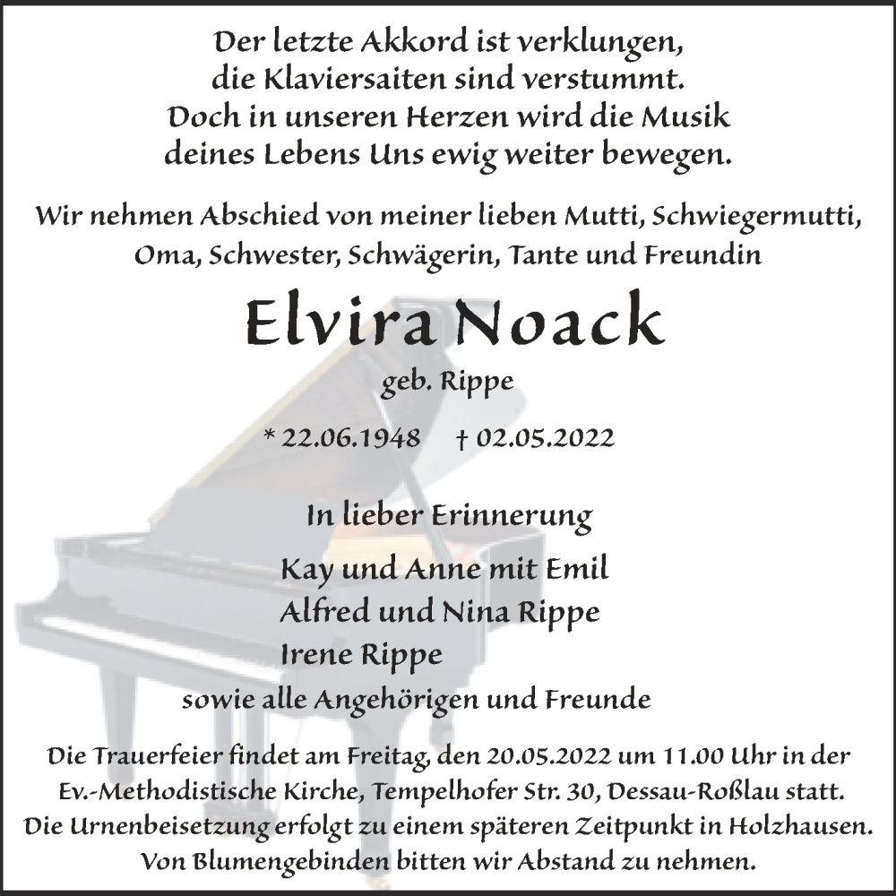  Traueranzeige für Elvira Noack vom 14.05.2022 aus Trauerkombi Dessau