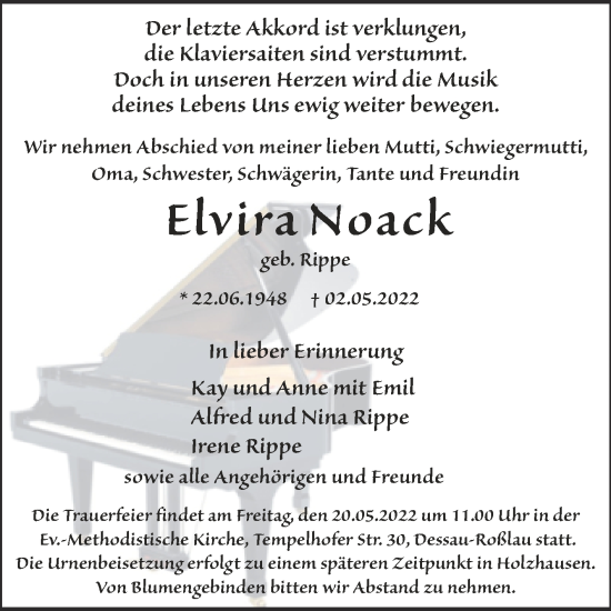 Traueranzeige von Elvira Noack von Trauerkombi Dessau