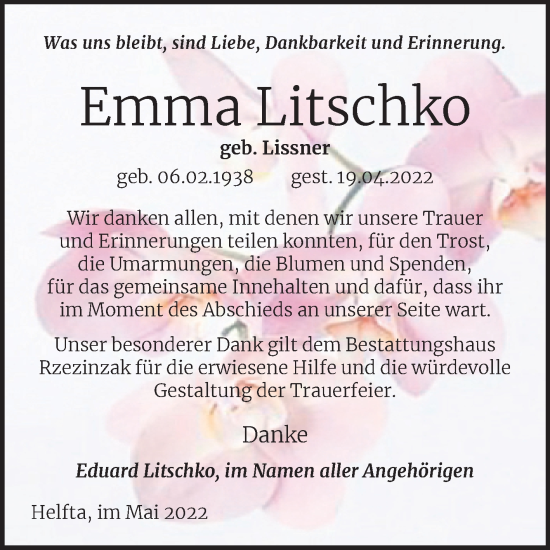 Traueranzeige von Emma Litschko von Trauerkombi Mansfelder Land