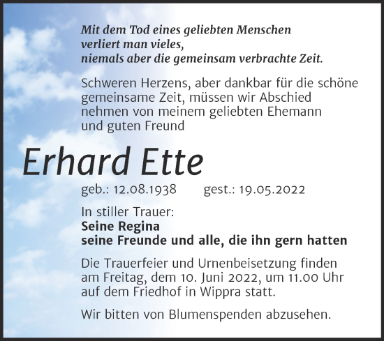 Traueranzeige von Erhard Ette von Mitteldeutsche Zeitung Mansfelder Land
