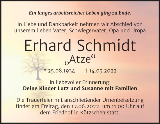 Traueranzeige von Erhard Schmidt von Trauerkombi Merseburg