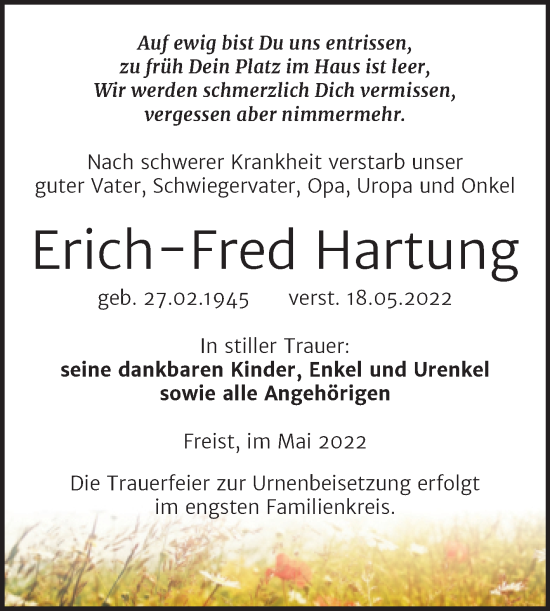Traueranzeige von Erich-Fred Hartung von Trauerkombi Mansfelder Land