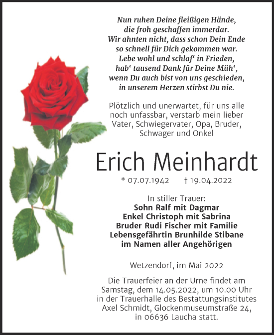 Traueranzeige von Erich Meinhardt von Wochenspiegel Naumburg/Nebra