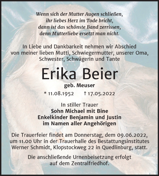 Traueranzeige von Erika Beier von Trauerkombi Quedlinburg