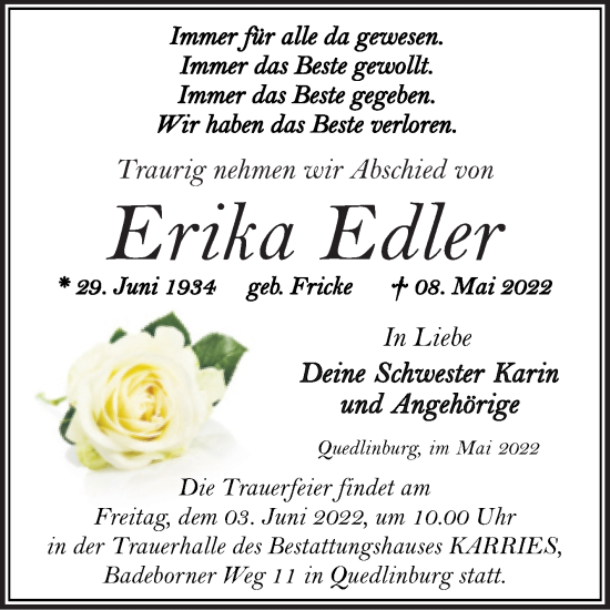 Traueranzeige von Erika Edler von Trauerkombi Quedlinburg