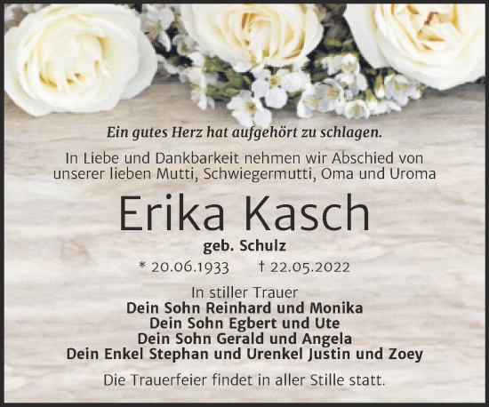 Traueranzeige von Erika Kasch von Trauerkombi Dessau